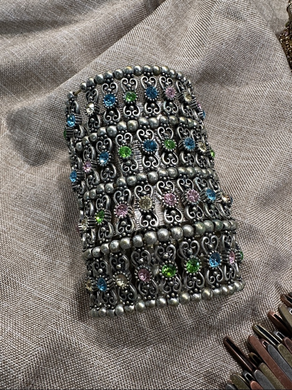 Multi-Row Filigree Cuff Bracelet with Pastel Rhinestones